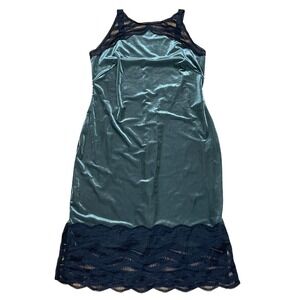 Wolford Women's Large Esmerelda Green Black Lace Trim Ribbed Velvet Slip Dress